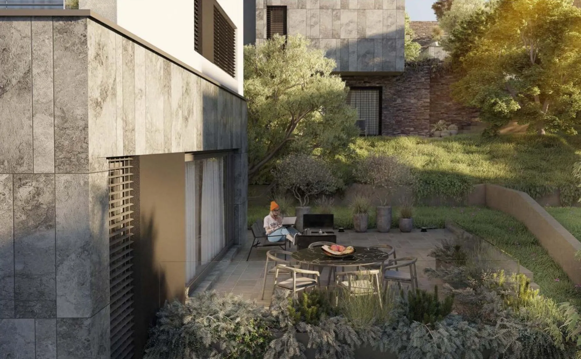 Terrace of a Hollywood Hills house overlooking the hills