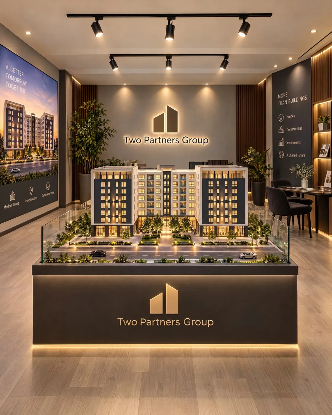 Two Partners Group showroom with an illuminated scale model of the Legend building